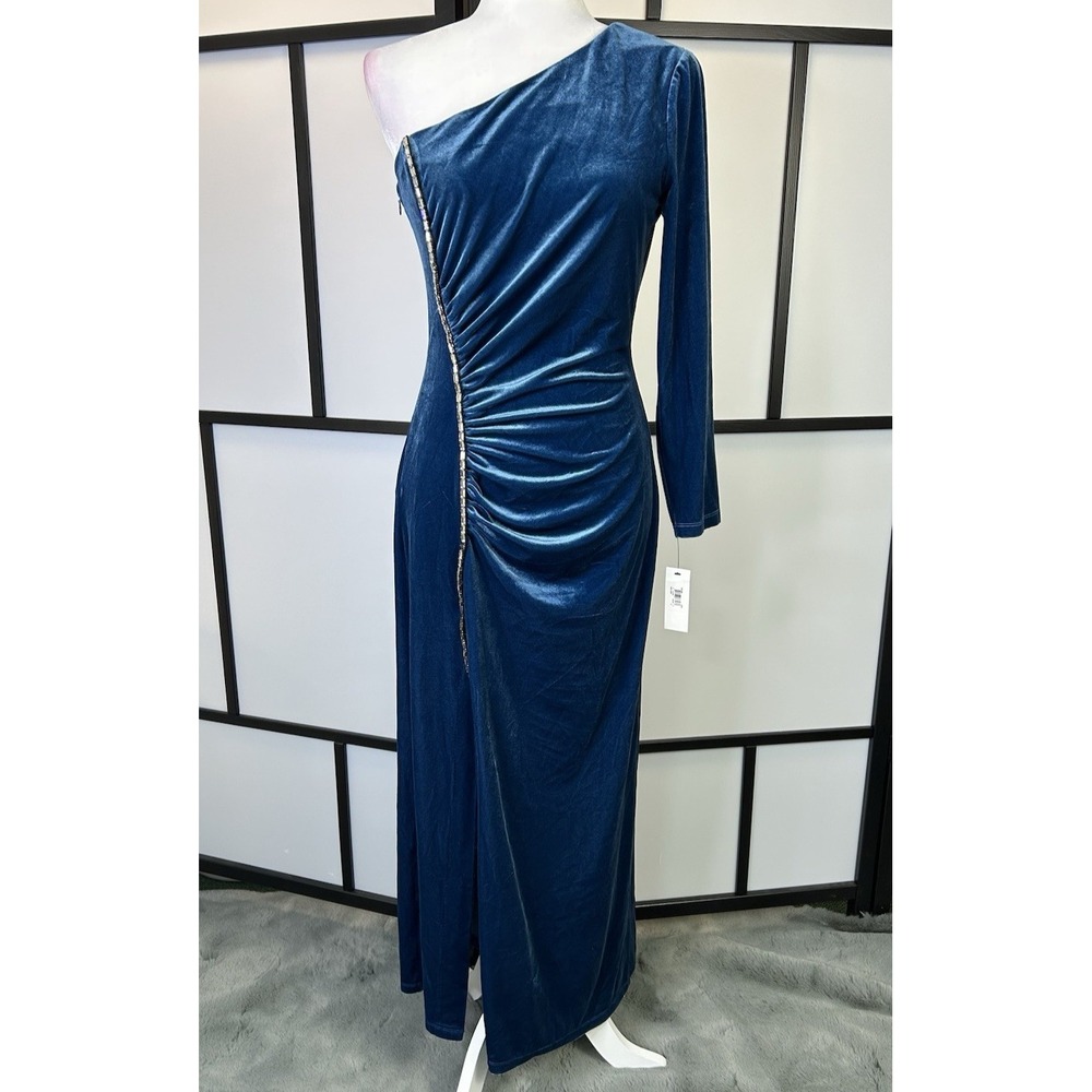 New Donna Morgan Ruched Princess Seam Poseidon Dress Sz 8 Ruched Slit Rhinestone